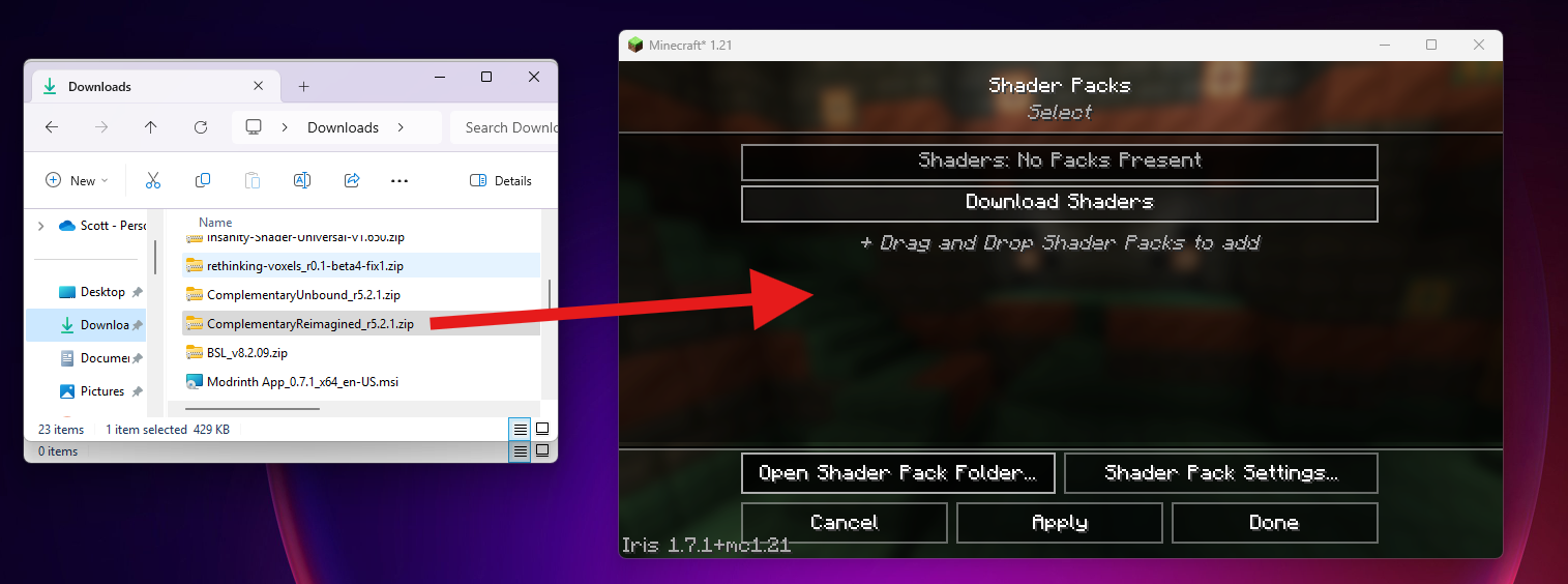 Dragging Complementary Shaders into Minecraft shader packs screen
