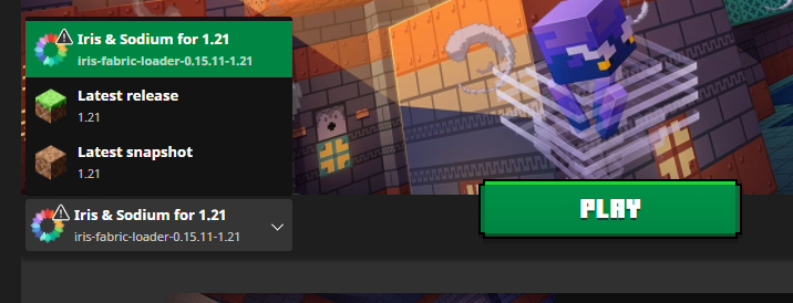 Minecraft Launcher showing Iris and Sodium for 1.21 with Fabric loader selected