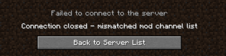 Minecraft error message showing mismatched mod channel list between client and server