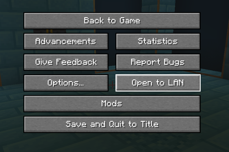 Minecraft in-game menu with Open to LAN button highlighted