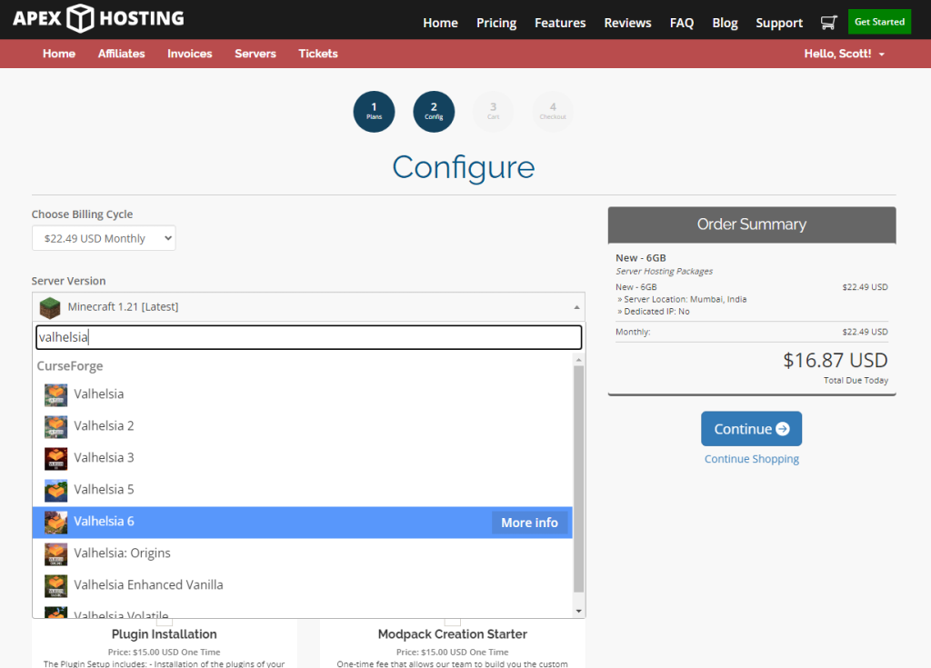 Apex Hosting modpack selection interface with Valhelsia 6 and server location options