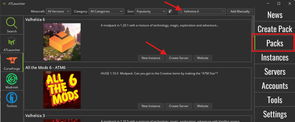 ATLauncher Packs tab interface with Create Server button for modpack installation