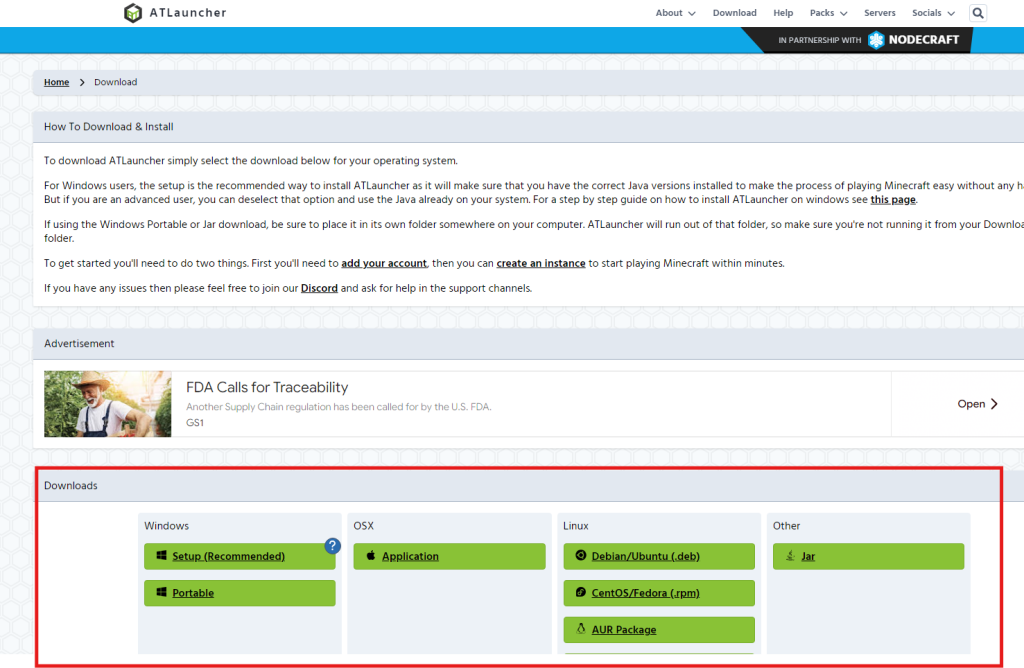 ATLauncher official download page showing installation options