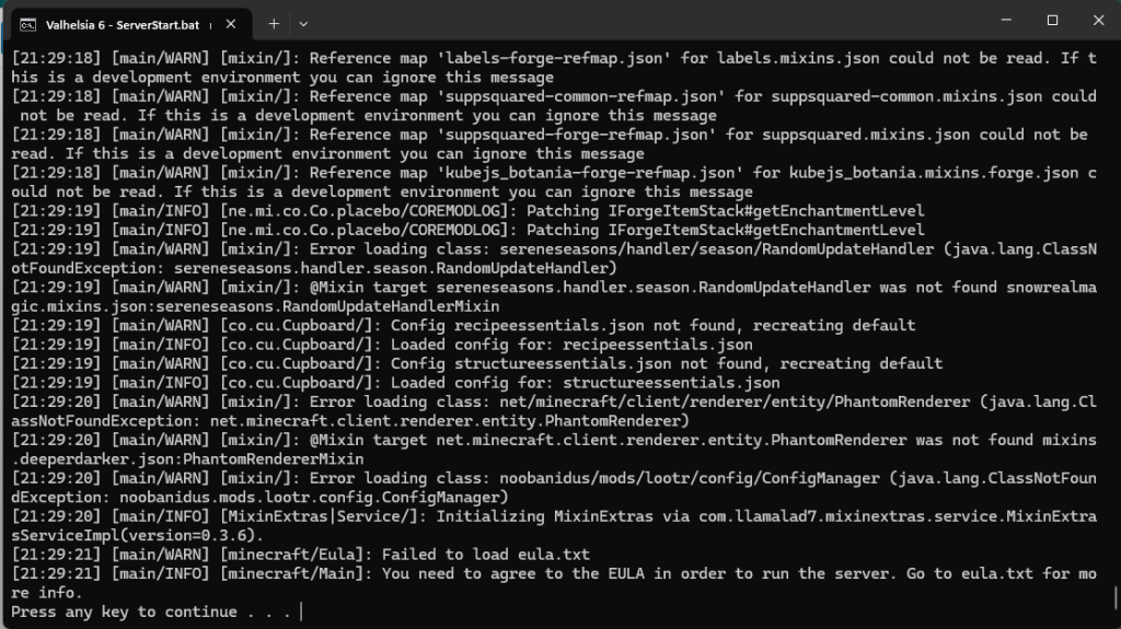 ATLauncher EULA warning dialog with Open Folder button for eula.txt editing