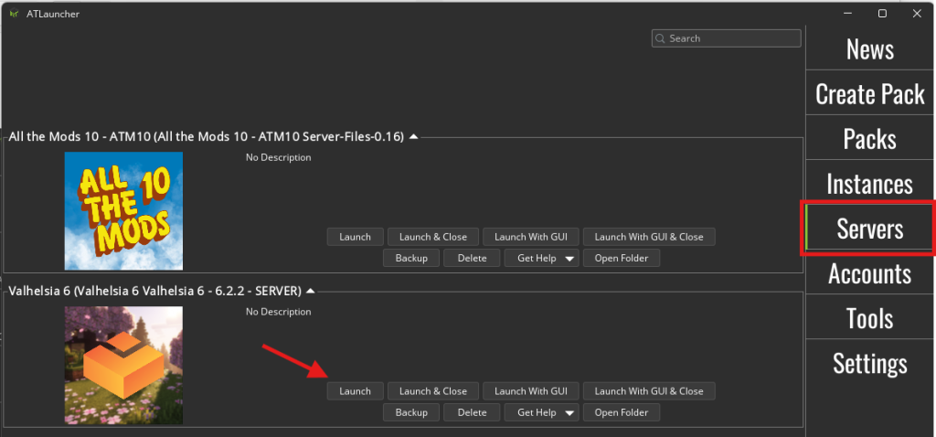 ATLauncher Servers tab showing installed server with Launch button