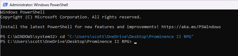 PowerShell admin terminal showing cd command with copied server directory path