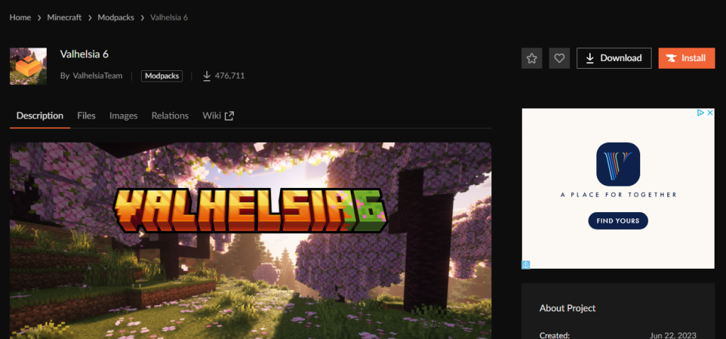 CurseForge Valhelsia 6 modpack download page showing mod details and download options