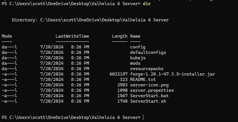 PowerShell terminal showing dir command output with server files including ServerStart.bat