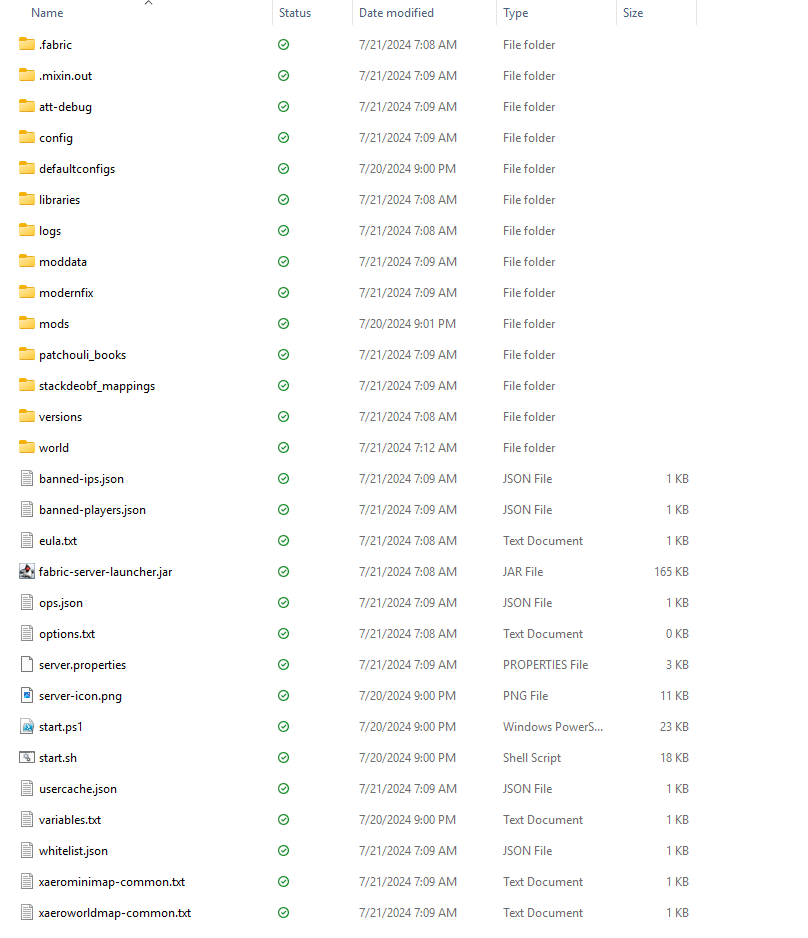 Minecraft server directory structure showing folders and files layout