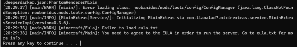 Terminal showing EULA agreement error requiring eula.txt file modification