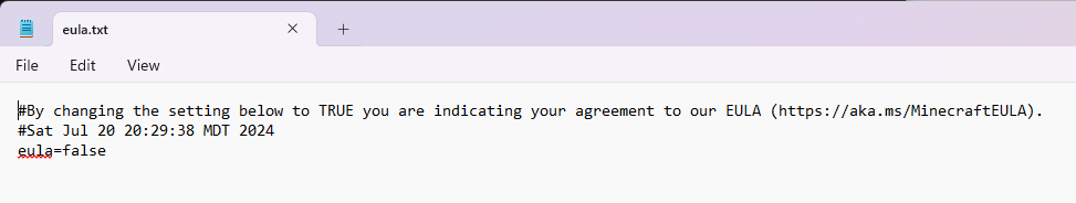 Notepad showing eula.txt file with false setting that needs to be changed to true