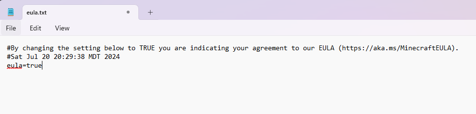 Notepad showing eula.txt file with true setting and save option