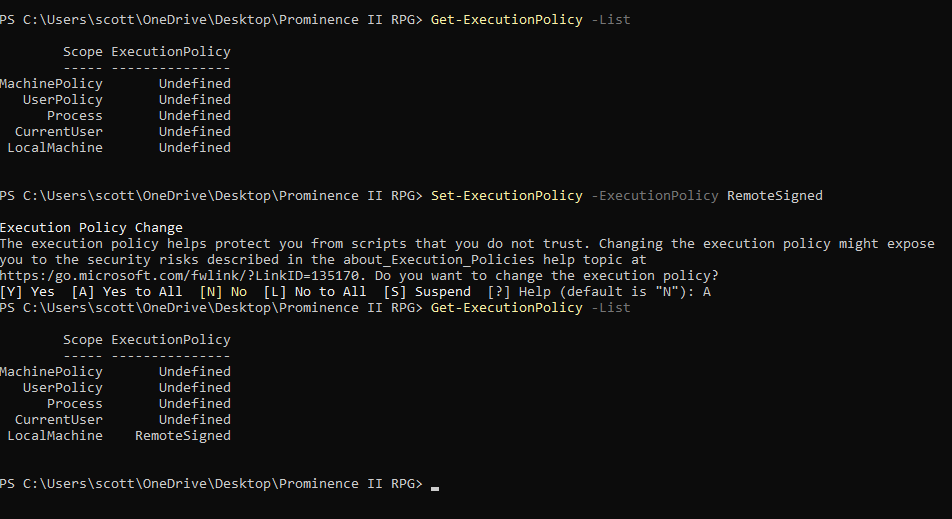PowerShell showing Get-ExecutionPolicy and Set-ExecutionPolicy commands for script permissions