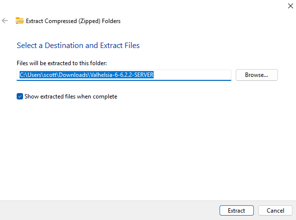 Windows extract dialog showing destination path selection for server files