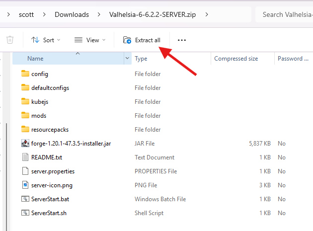 Windows Explorer showing Extract All button for server zip file
