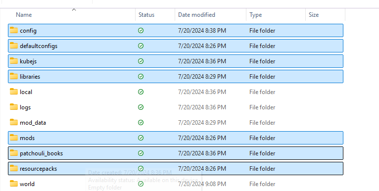 Selecting Minecraft server folders for compression during update process