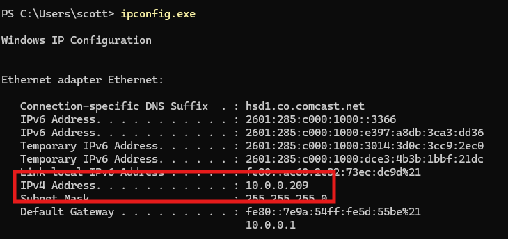 PowerShell showing ipconfig command output with local IP address for server connection
