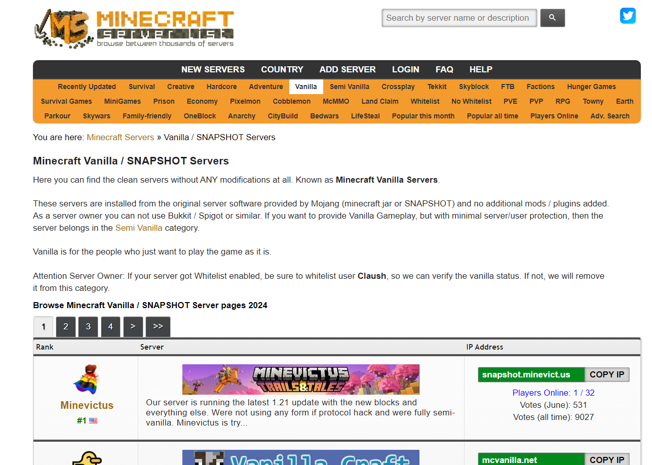 Minecraft Server List showing public servers