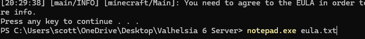 PowerShell command for opening eula.txt file in Notepad for editing