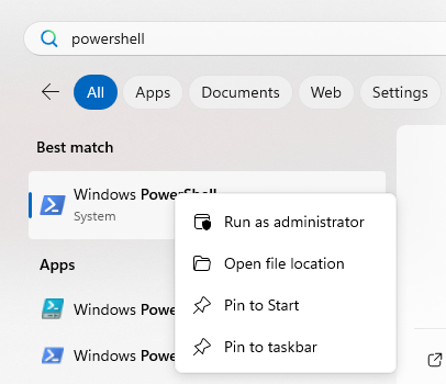 Windows Start menu showing PowerShell run as administrator option