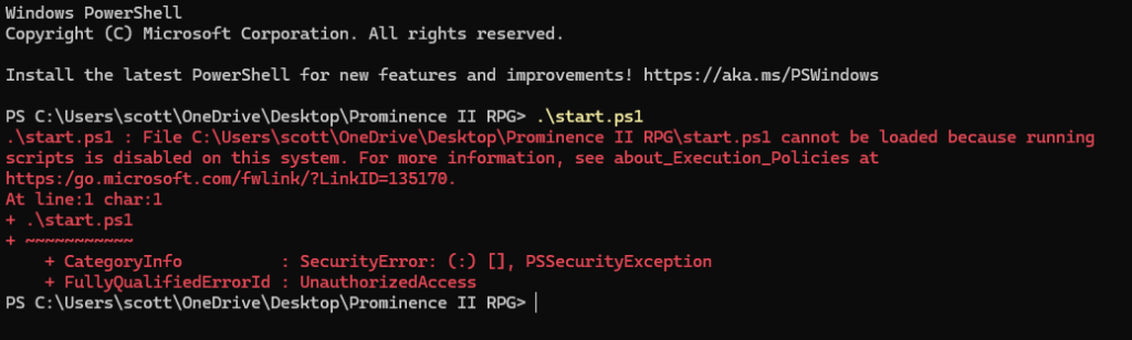 PowerShell execution policy error preventing .ps1 script from running