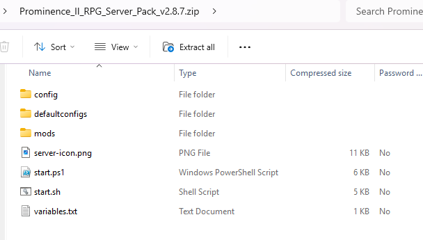 File explorer showing Prominence II RPG server files with start.ps1 PowerShell script