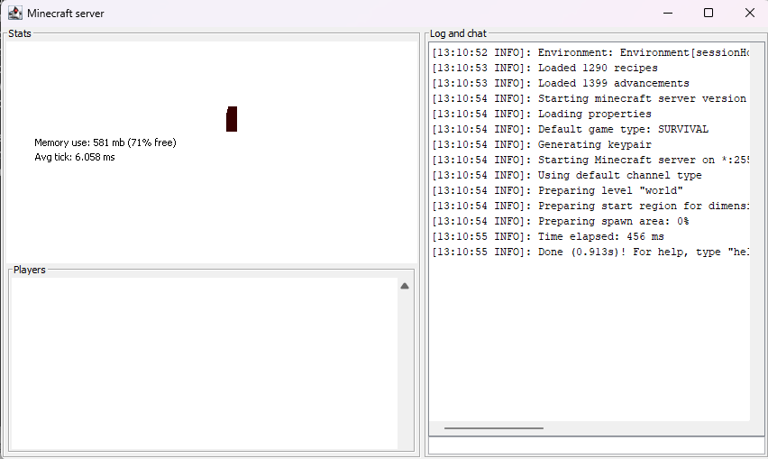 Minecraft server console showing successful startup