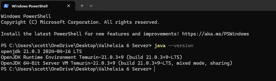 PowerShell terminal showing Java version check command and successful Java installation