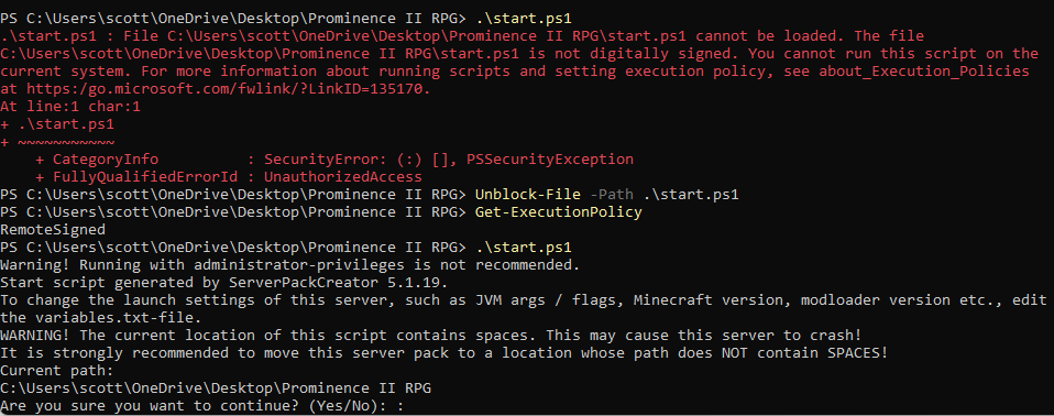 PowerShell showing Unblock-File command for .ps1 script execution