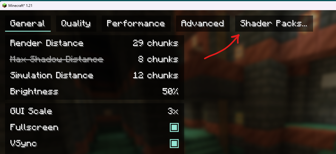 Minecraft shader packs menu showing Options, Video Settings, Shaders navigation