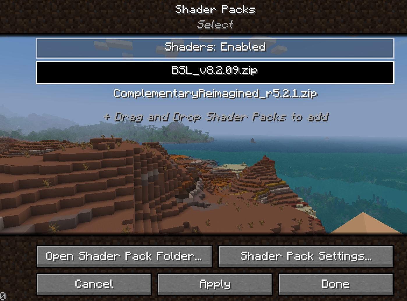 Minecraft shader packs selection screen with BSL and Complementary options
