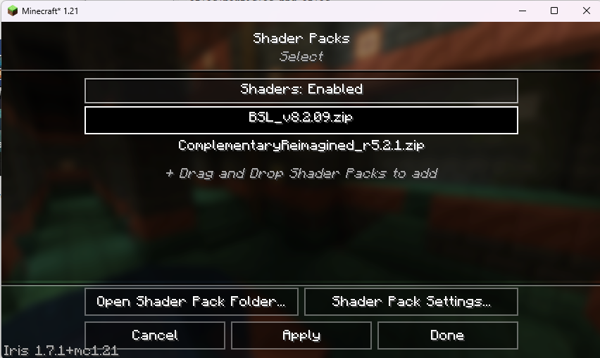 Minecraft shader packs menu with BSL shader selected