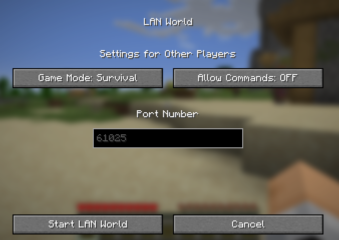Minecraft Start LAN World settings dialog