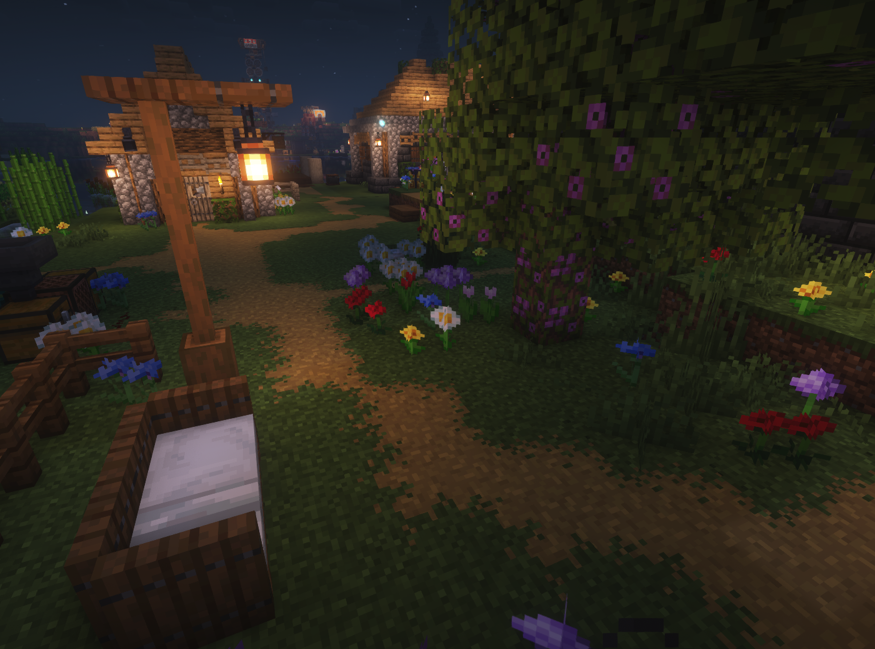 Minecraft structure with landscaping and gardens