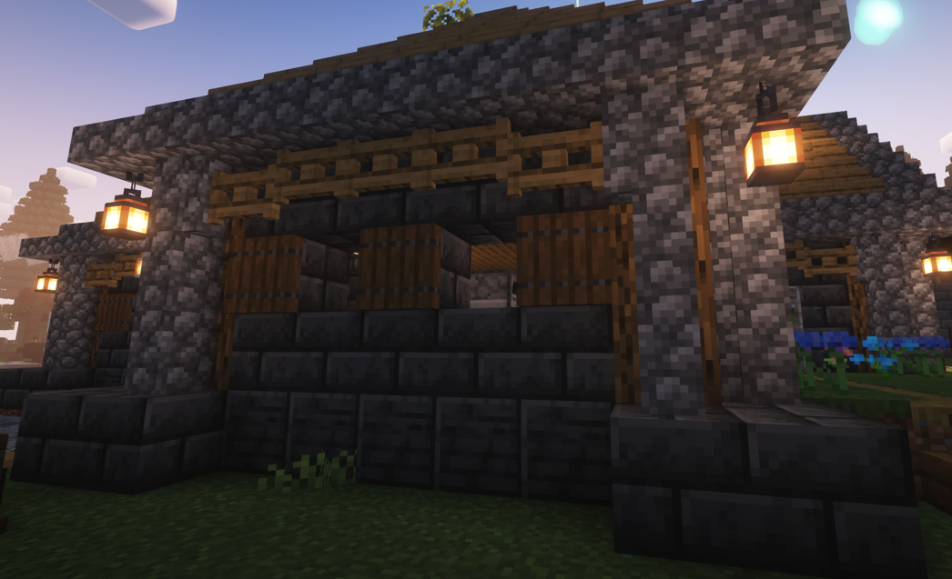 Minecraft structure with creative overhangs and trapdoors