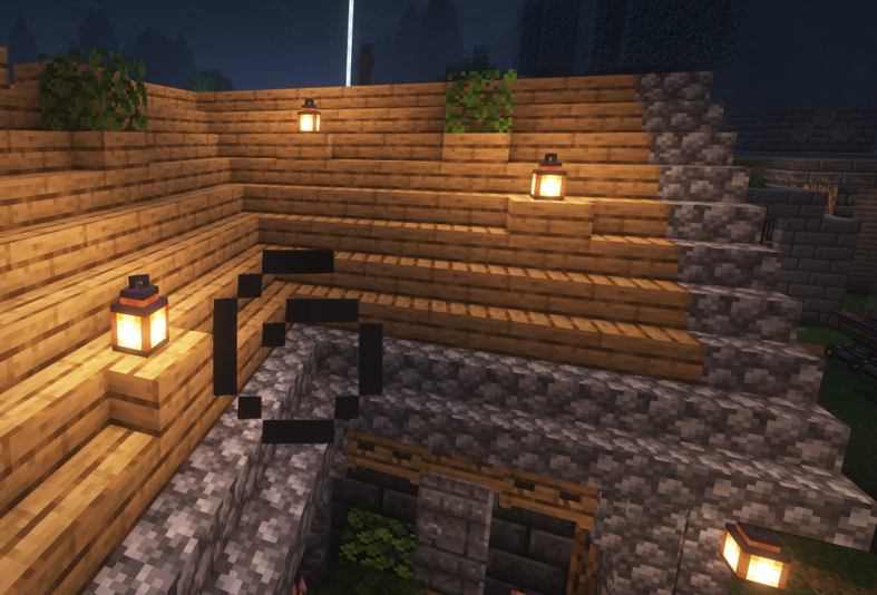 Minecraft roof design with slabs and leaf blocks