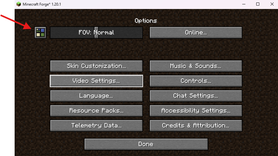 Minecraft video settings menu showing Distant Horizons button