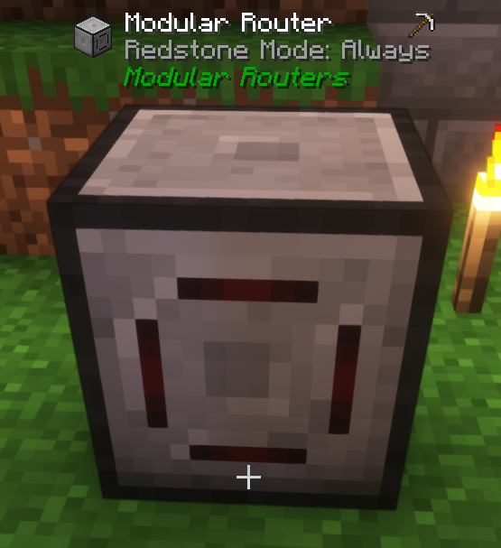 Modular Router block GUI showing buffer, modules, and upgrades sections