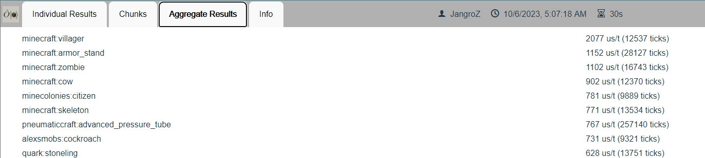 Observable mod aggregate results showing entity types