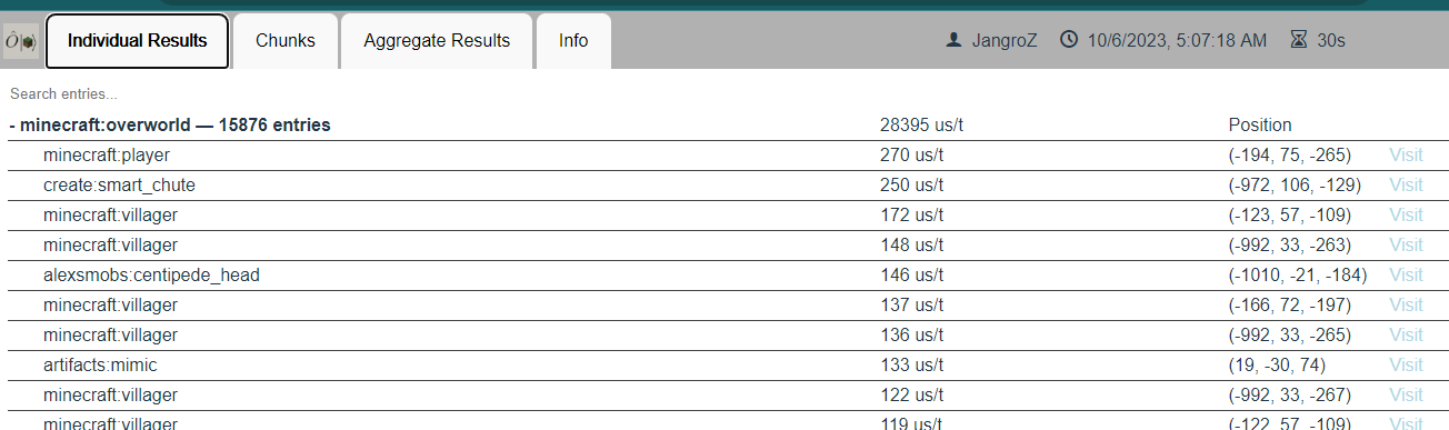 Observable mod individual results tab showing entities