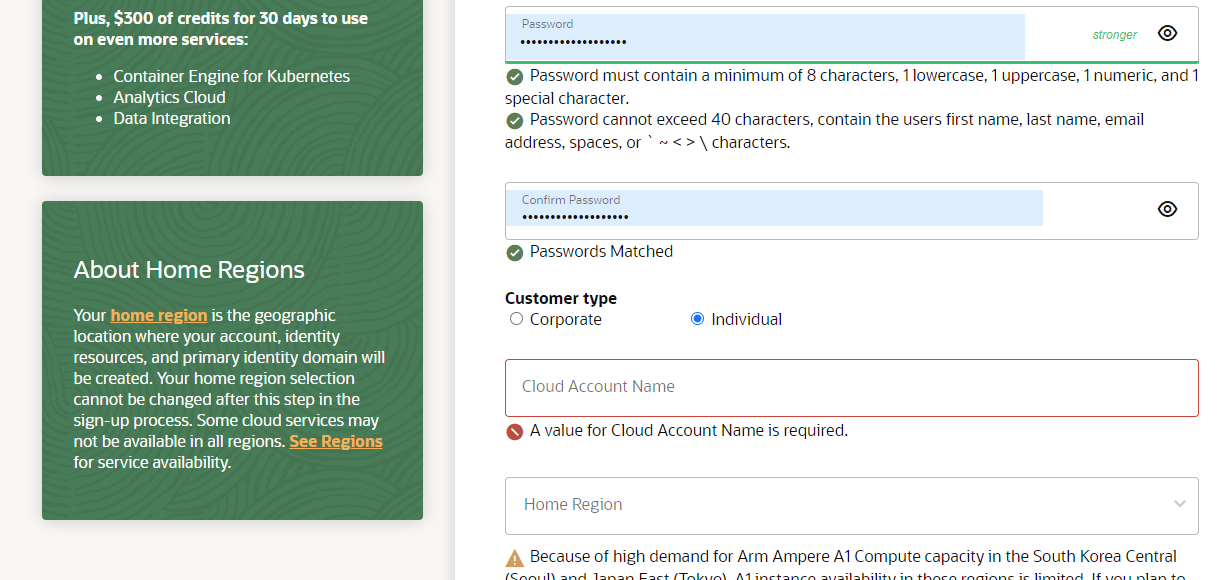 Oracle Cloud account creation form