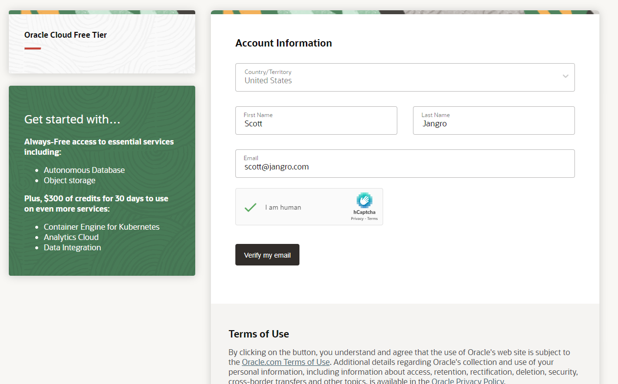 Oracle Cloud account information form