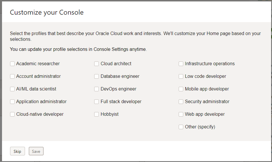 Oracle Cloud console welcome screen