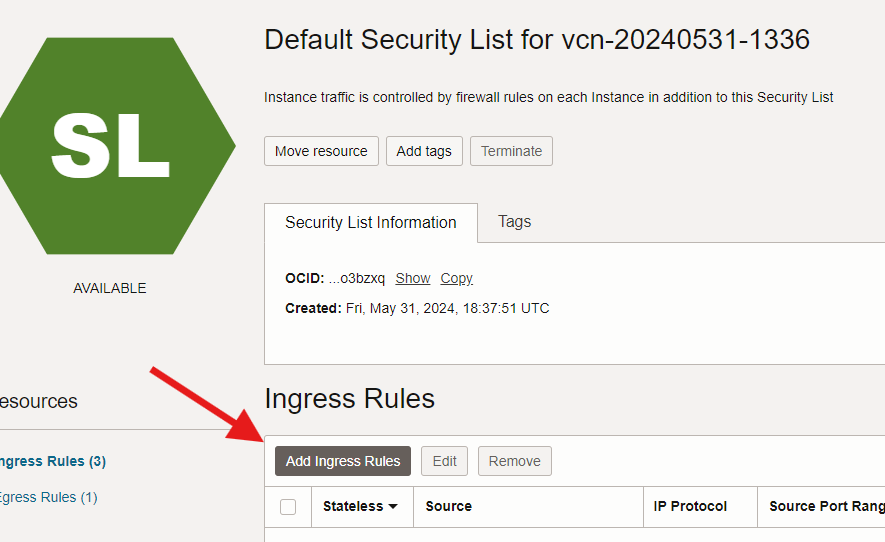 Oracle Cloud default security list