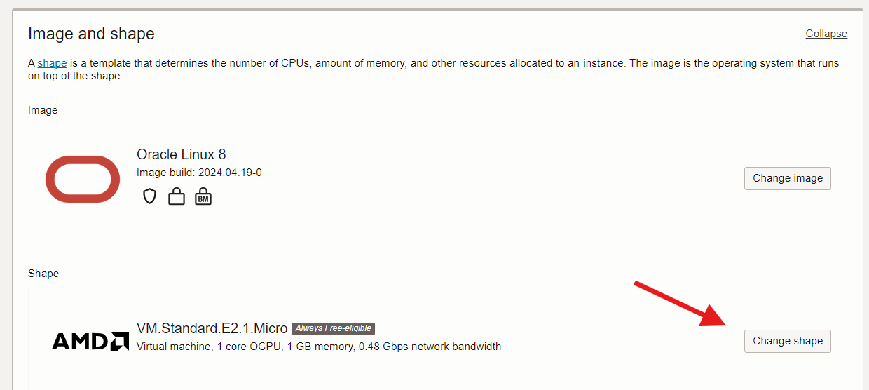 Oracle Cloud image and shape selection