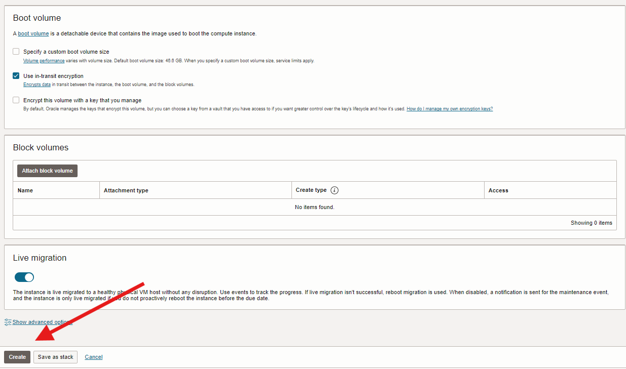 Oracle Cloud instance create button
