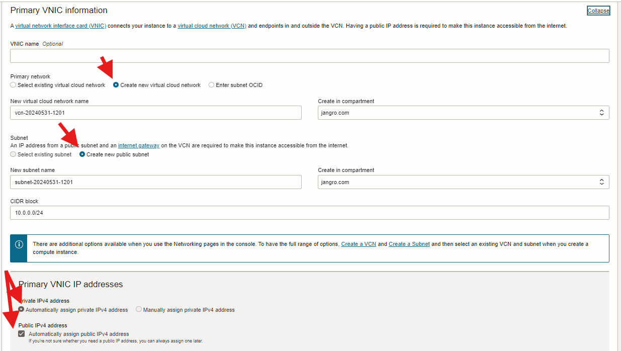 Oracle Cloud network configuration settings