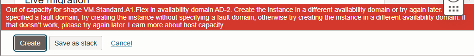 Oracle Cloud out of capacity error message