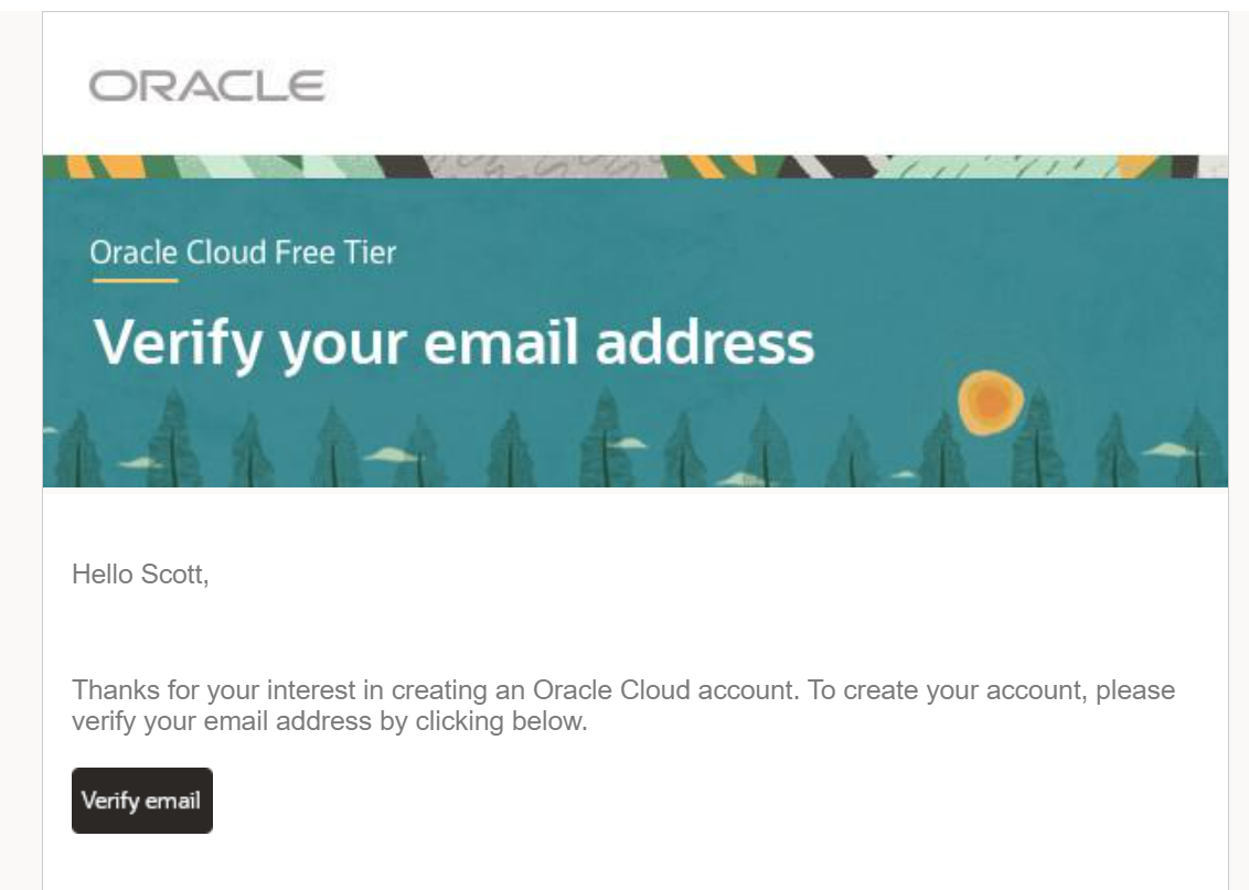 Oracle Cloud verification email screen