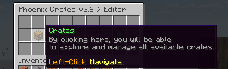 PhoenixCrates editor tooltip showing helpful navigation information